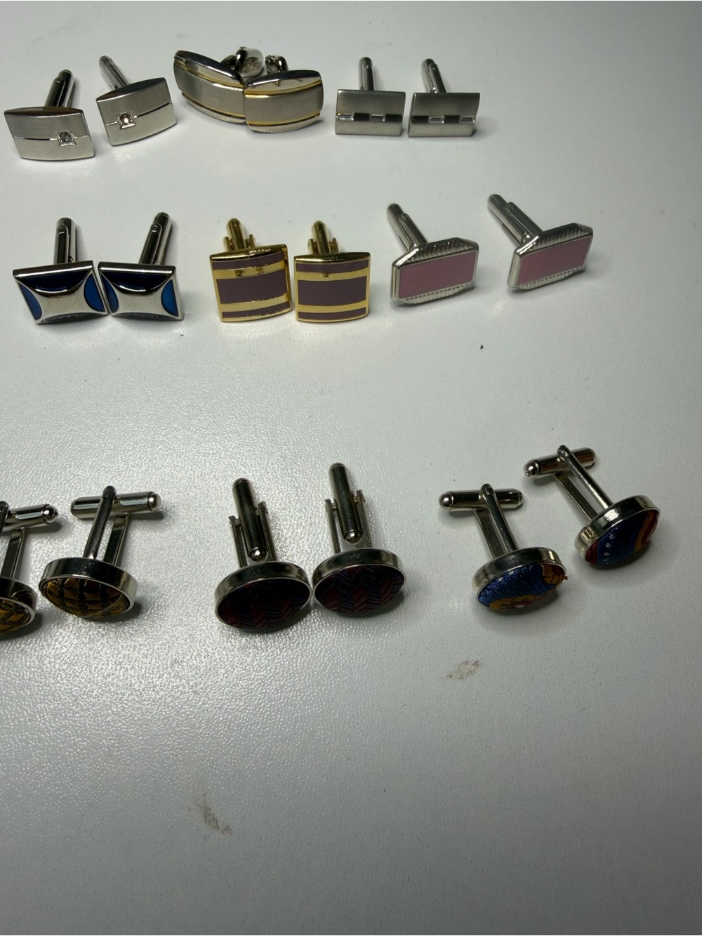 Mixed Enamel and Metal Men's Cufflink Set - Pink, Blue, Gold, Silver